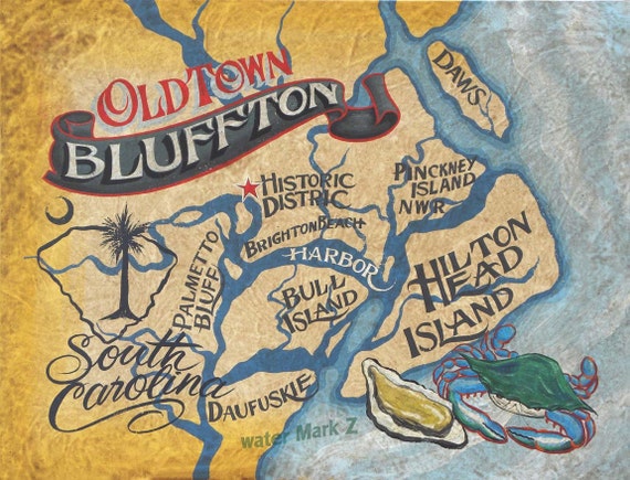 Bluffton Sc On Map Bluffton Sc Old Town Coastal Map Print From An Original Hand | Etsy
