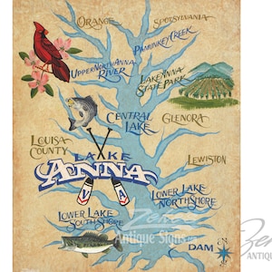 May include: Vintage-style map of Lake Anna, Virginia, featuring a stylized tree with blue branches and various locations labeled. Includes illustrations of a cardinal, fish, and a vineyard. The text "Lake Anna" is prominently displayed.