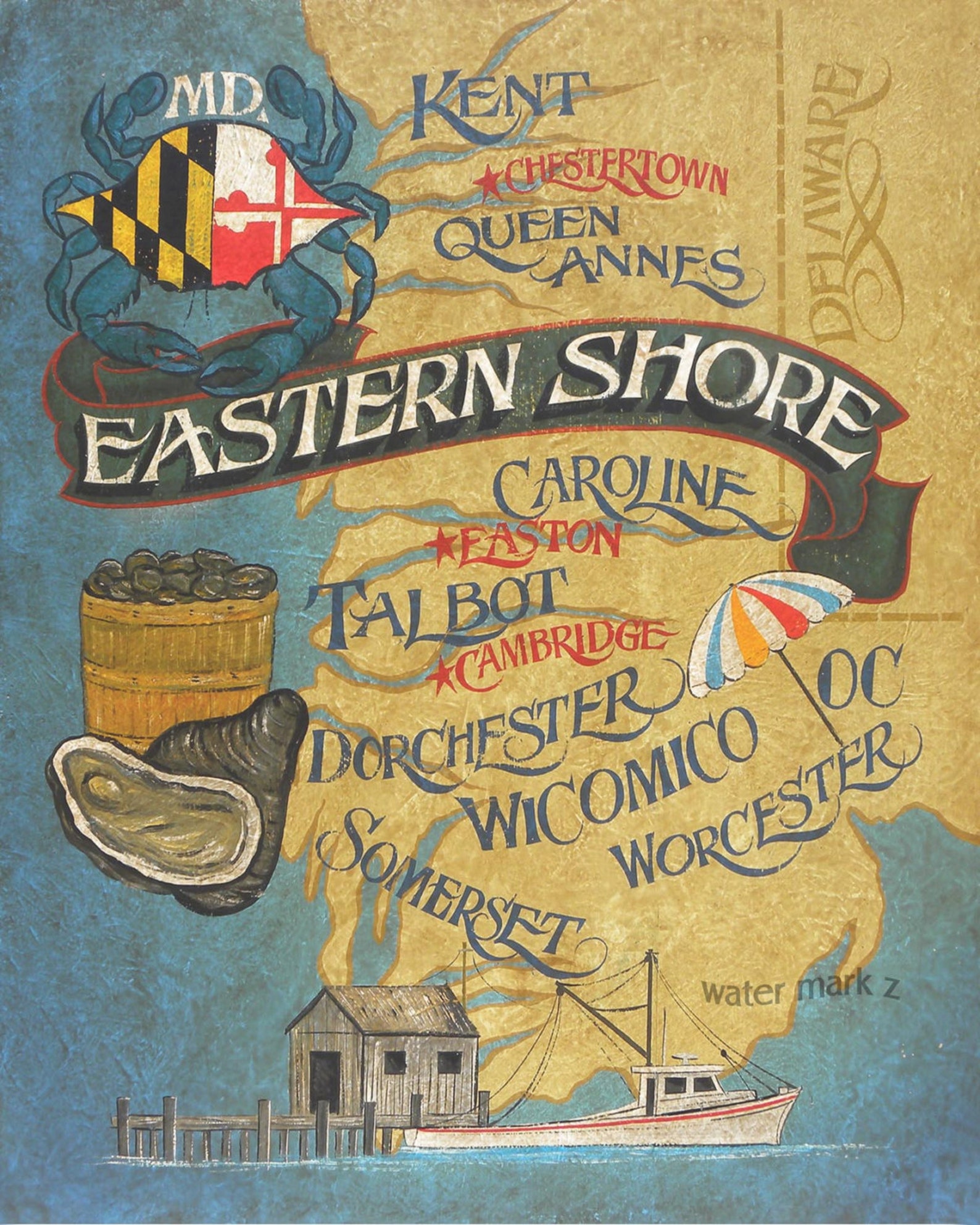 Maryland Eastern Shore Map style Print from an original hand | Etsy