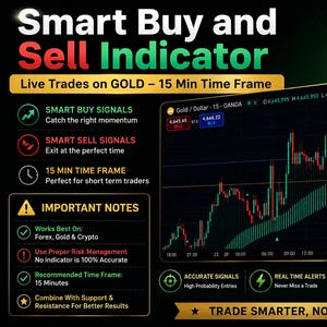 Puede incluir: Un gráfico de indicador de trading digital titulado Smart Buy and Sell Indicator para oro XAUUSD. Presenta un gráfico de velas negro en un marco de tiempo de 15 minutos con marcadores de señal rojos y verdes y notas importantes.