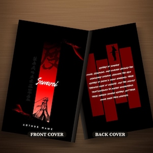 Könnte beinhalten: Ein Buchcover-Design mit schwarzem Hintergrund und einem vertikalen roten Streifen. Die Vorderseite zeigt das Wort Samurai in weißer Schreibschrift, die Silhouette eines Kriegers und japanische Schriftzeichen. Die Rückseite enthält rote Textblöcke.