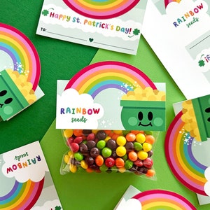 May include: Printable St. Patrick's Day treat bag labels featuring a rainbow, pot of gold, and the text "Rainbow Seeds".