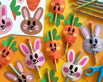 Bunny and Carrot Pencil Toppers: Spring Easter Favor, Digital Download