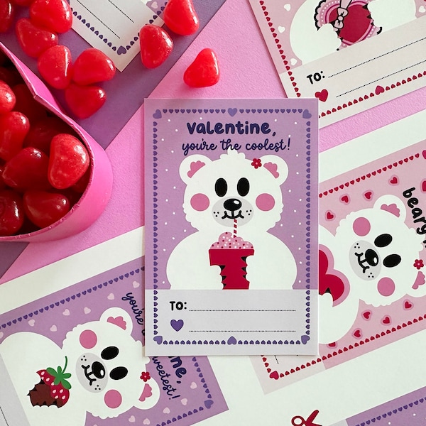 Polar Bear Valentines, Printable Valentine Cards, Classroom Valentines, Instant Download