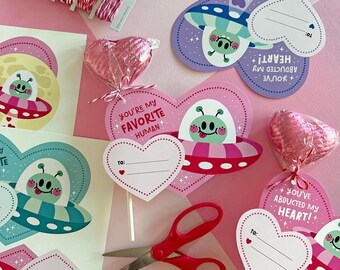 Alien Big Heart Valentines, Printable Cards, Instant Download