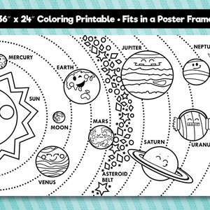Solar System Printable, large format coloring poster, horizontal layout