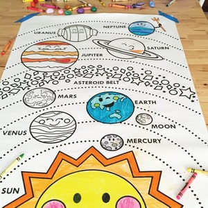 Könnte beinhalten: Ein farbenfroher, druckbarer Poster des Sonnensystems mit Sonne, Planeten und Asteroidengürtel. Die Planeten sind mit Gesichtern gezeichnet und die Sonne hat ein großes Lächeln. Der Poster ist perfekt für ein Klassenzimmer oder ein Kinderzimmer.