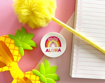 Aloha Rainbow Heart Eyes Sticker, 2" round vinyl sticker