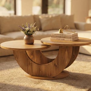 Organic Modern Coffee Table, Sculptural Wood Center Table, Minimalist Round Living Room Table, Oak Finish