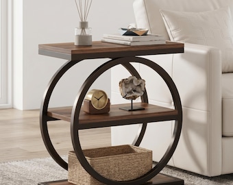 Round Side Table with Storage Shelves, 3 Tier Wooden End Table, Living Room Accent Table, Rustic Wood Furniture