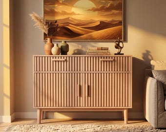 Wood Sideboard Cabinet with Drawers, Modern Storage Cabinet, Natural Oak Look Buffet, Entryway Console, Japandi Furniture