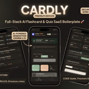 May include: A digital interface display for Cardly Premium Edition, a full-stack AI flashcard and quiz SaaS boilerplate. The image shows three smartphone screens featuring dark mode UI, app navigation, study progress, and cloud sync settings.