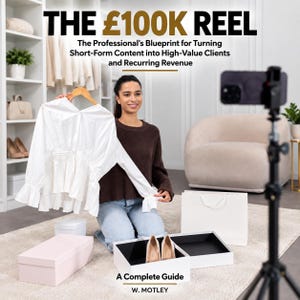 Könnte beinhalten: Ein digitaler Leitfaden mit dem Titel THE £100K REEL: The Professional's Blueprint for Turning Short-Form Content into High-Value Clients and Recurring Revenue. A Complete Guide von W. MOTLEY mit weißer Bluse, Schuhen und Schachteln.