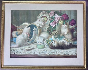 Cromolitografia antica del 1907 "I cinque sensi" di H.C. Plumb - Cornice originale - CATS