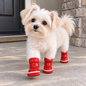 May include: A small, fluffy, cream-colored dog with dark eyes and a black nose, wearing four bright red, quilted, water-resistant boots with white soles and adjustable straps on its paws, standing on a concrete surface.
