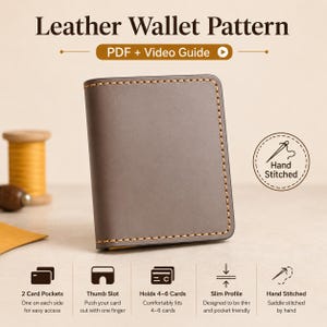 May include: A brown leather wallet featuring hand-stitched edges with light-colored thread. The text reads Leather Wallet Pattern, PDF + Video Guide, Hand Stitched, 2 Card Pockets, Thumb Slot, Holds 4-6 Cards, Slim Profile, and Saddle stitched by hand.