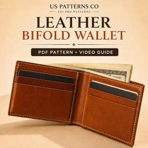 May include: A brown leather bifold wallet with white stitching, featuring multiple card slots and a bill compartment containing paper currency. The text US PATTERNS CO ZAI PRO PATTERNS LEATHER BIFOLD WALLET PDF PATTERN + VIDEO GUIDE is visible above.
