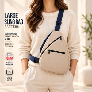 May include: A beige sling bag with a dark blue strap and zipper accents. The text reads: LARGE SLING BAG PATTERN, MULTI POCKET CURVED MODERN STYLE, BEGINNER FRIENDLY, PDF DIGITAL PATTERN, VIDEO GUIDE. The bag features a teardrop shape.