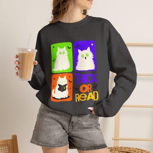 Trick or Read Cat sweatshirt | Halloween reading cat design