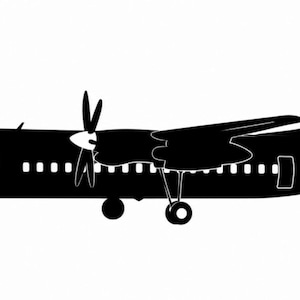 以下が含まれることがあります： プロペラ機を横から見た黒いシルエット。主翼に取り付けられたプロペラエンジン、コックピットの窓、一連の客席窓、着陸装置、垂直尾翼が特徴的な航空機のデザインです。