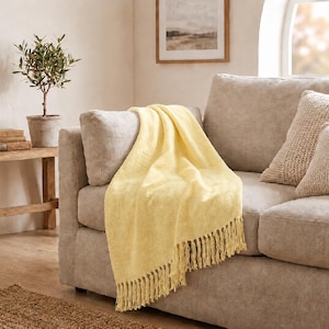 Manta de lino amarillo pastel, manta de lino suave lavada, manta de sofá estilo granja, manta rústica para sofá, manta ligera para cama