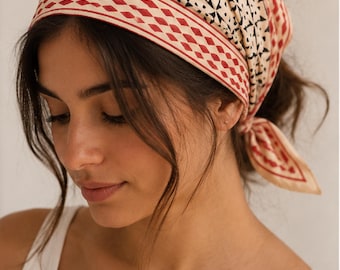 Boho Block Print Bandana, Hand Stamped Cotton Scarf, Square Hair Scarf, Festival Bandana, Vintage Style Head Wrap