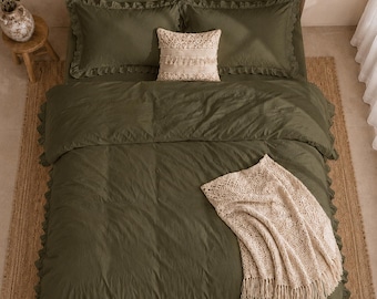 Housse de couette à volants vert olive, parure de lit en lin, linge de lit romantique, couette style ferme vintage, linge de lit doux au toucher, décoration bohème pour chambre