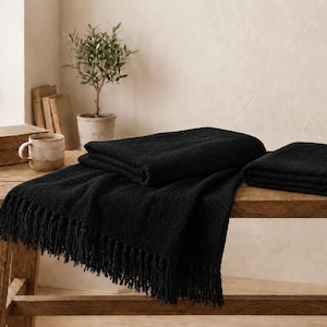 Zwarte plaid met kwastjes, geweven katoenen plaid, landelijke plaid, boho plaid voor op de bank, knusse sprei voor op bed, decoratieve plaid voor de woonkamer