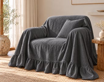 Funda de sofá gris carbón con volantes, funda para sillón con textura de lino, funda para silla de estilo rústico, protector de muebles estilo cottagecore,
