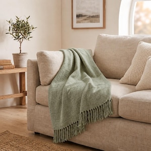 Manta de algodão verde sálvia, manta macia e tecida, manta para sofá estilo fazenda, manta aconchegante para sofá, manta para cama, manta de algodão para todas as estações.