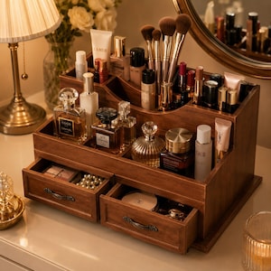 Vintage Wooden Jewelry & Makeup Organizer with Drawers | Rustic Vanity Storage Box for Earrings, Cosmetics, Lipsticks and Desktop Essentials
