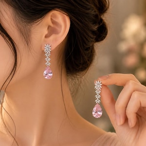 Pendientes colgantes de cristal rosa en forma de lágrima, joyería nupcial llamativa, pendientes colgantes de aleación de cobre.
