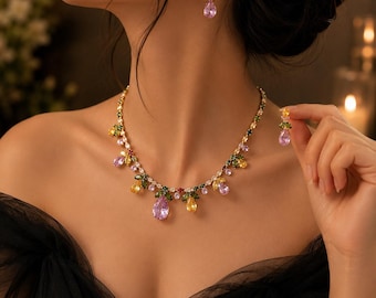 Multicolor Zircon Floral Necklace and Earrings Set, Gold Bridal Statement Jewelry