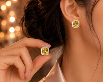 Yellow Cushion Cut Halo Stud Earrings, Minimalist Bridal Jewelry, Cubic Zirconia