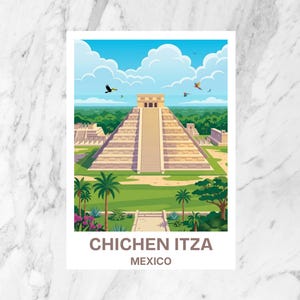 May include: A rectangular art print featuring a colorful illustration of the Chichen Itza pyramid in Mexico, surrounded by lush green trees, palm trees, and a bright blue sky with white clouds. The text CHICHEN ITZA MEXICO is printed below.