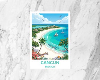Cancun Postcard Mexico Travel Souvenir Caribbean Beach Illustration Riviera Maya Wall Art Tropical Holiday Keepsake Coastal Gift
