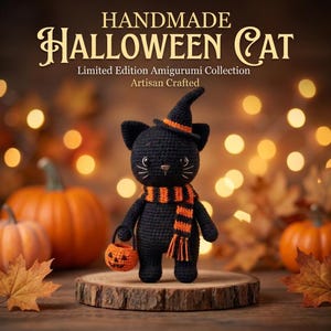 Könnte beinhalten: Ein schwarzes gehäkeltes Amigurumi-Katzenmodell mit einem orange-schwarz gestreiften Schal und einem passenden Hexenhut. Die Katze hält einen kleinen orangefarbenen Kürbiskorb. Text: HANDMADE HALLOWEEN CAT, Limited Edition Amigurumi Collection, Artisan Crafted.