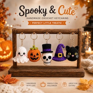 May include: Five handmade crochet keychains hanging on a wooden stand. The designs include a white ghost, an orange pumpkin, a skull wearing a top hat, a purple witch hat, and a black cat face. Text reads Spooky & Cute HANDMADE CROCHET KEYCHAINS.