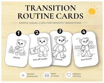 May include: Four white rectangular transition routine cards featuring black line art of a bear. The cards are numbered one through four with text labels: playing, turn off screen, time to go, and leave the park. The header reads TRANSITION ROUTINE CARDS.