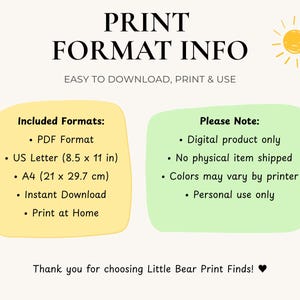 May include: An informational graphic titled PRINT FORMAT INFO with a yellow sun icon. It features two rounded rectangles, one yellow and one green, listing digital file details including PDF format, US Letter 8.5 x 11 in, and A4 21 x 29.7 cm.
