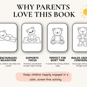 May include: An informational graphic titled WHY PARENTS LOVE THIS BOOK with a yellow sun icon. It features four black and white line art illustrations of teddy bears in rounded rectangles, with text labels: ENCOURAGES RELAXATION, SUPPORTS FOCUS, PERFECT FOR QUIET TIME, and BUILDS CREATIVE CONFIDENCE, plus a summary text box at the bottom.