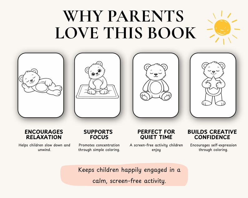 May include: An informational graphic titled WHY PARENTS LOVE THIS BOOK with a yellow sun icon. It features four black and white line art illustrations of teddy bears in rounded rectangles, with text labels: ENCOURAGES RELAXATION, SUPPORTS FOCUS, PERFECT FOR QUIET TIME, and BUILDS CREATIVE CONFIDENCE, plus a summary text box at the bottom.