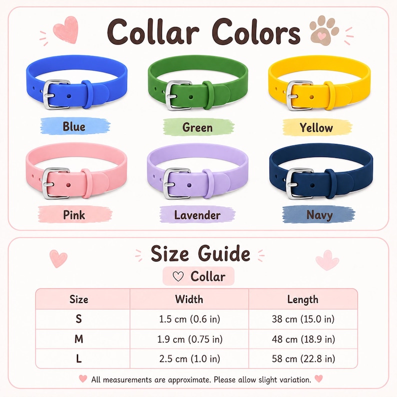 May include: Six pet collars in blue, green, yellow, pink, lavender, and navy, each with a silver metal buckle. A size guide table lists widths of 1.5 cm (0.6 in), 1.9 cm (0.75 in), and 2.5 cm (1.0 in) and lengths of 38 cm (15.0 in) to 58 cm (22.8 in).