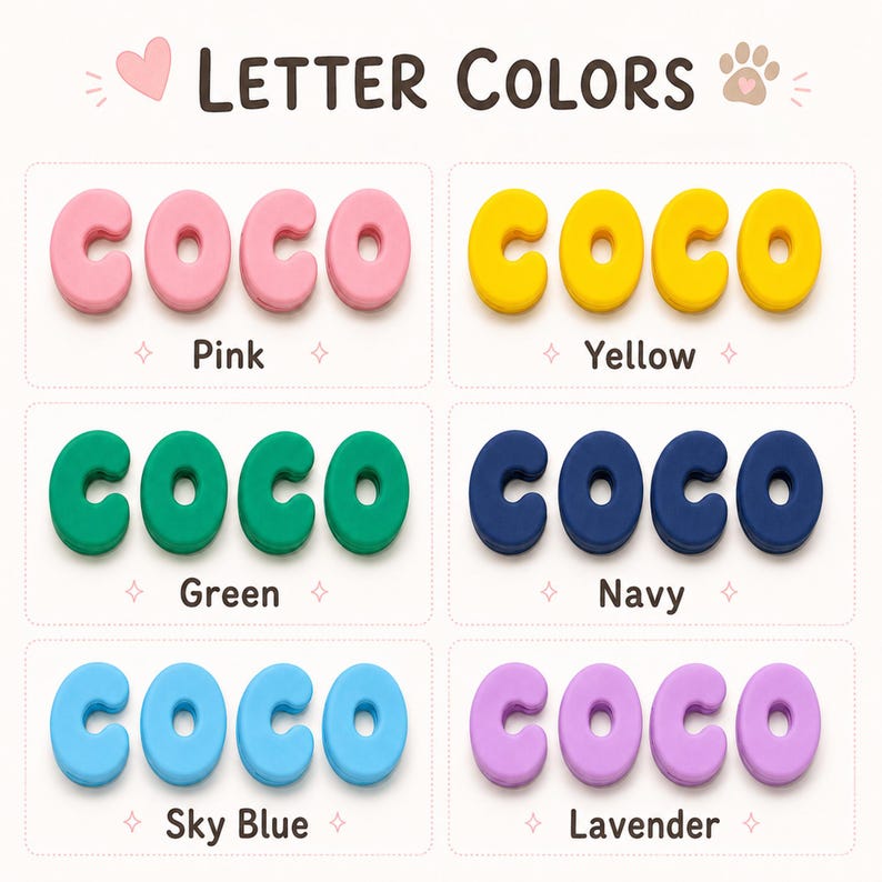 May include: A color chart titled Letter Colors displaying the word COCO in six different colors: pink, yellow, green, navy, sky blue, and lavender. Each set of letters is arranged in a row with the corresponding color name printed below it.