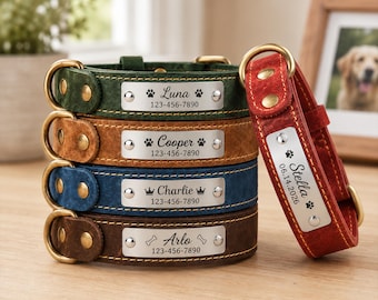 Personalized Leather Dog Collar, Custom Engraved Pet ID Tag, Adjustable Name Collar, Dog Lover Gift, Pet Owner Gift, Pet Accessories