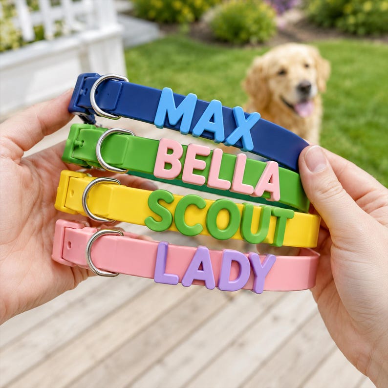May include: Four silicone pet collars in blue, green, yellow, and pink, each featuring a silver metal buckle and large, raised, contrasting-colored letters spelling out the names MAX, BELLA, SCOUT, and LADY respectively.