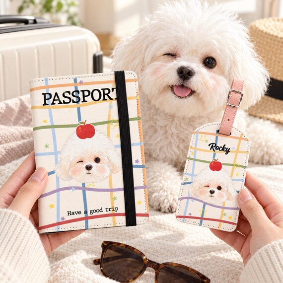 Personalized Pets Photo Passport Holder & Luggage Tag Set, Custom Watercolor Pet Portrait, Gift for Pet Lover