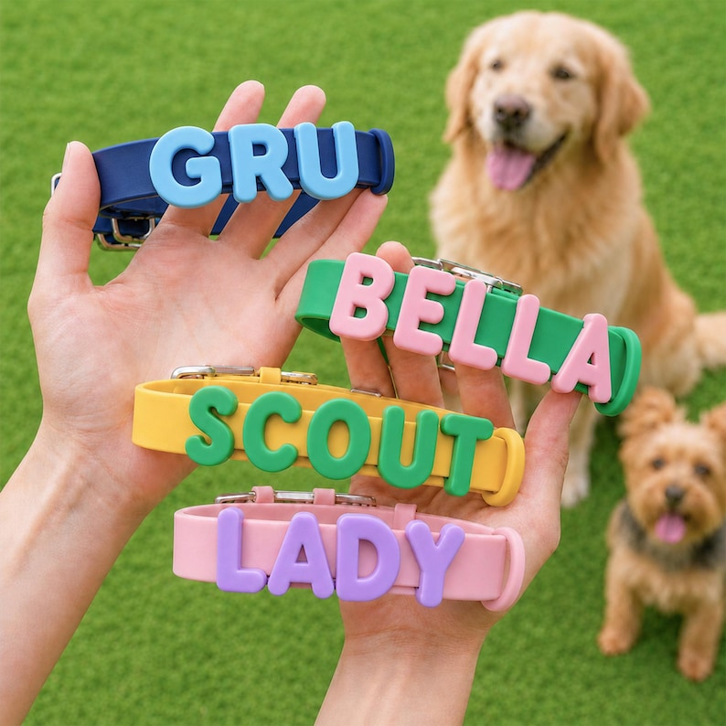 May include: Four silicone pet collars in navy blue, green, yellow, and light pink. Each collar features large, raised, contrasting-colored letters spelling out the names GRU, BELLA, SCOUT, and LADY, secured with silver-toned metal buckles.