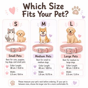 May include: A size guide chart for pink pet collars featuring three categories: Small (38 cm/15.0 in length, 1.5 cm/0.6 in width), Medium (48 cm/18.9 in length, 1.9 cm/0.75 in width), and Large (58 cm/22.8 in length, 2.5 cm/1.0 in width).