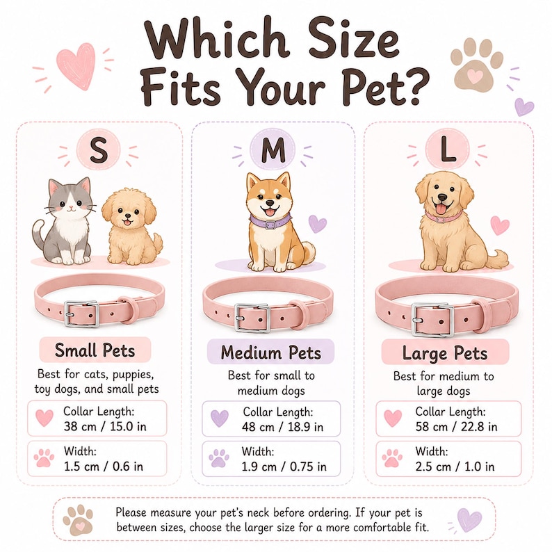 May include: A size guide chart for pink pet collars featuring three categories: Small (38 cm/15.0 in length, 1.5 cm/0.6 in width), Medium (48 cm/18.9 in length, 1.9 cm/0.75 in width), and Large (58 cm/22.8 in length, 2.5 cm/1.0 in width).